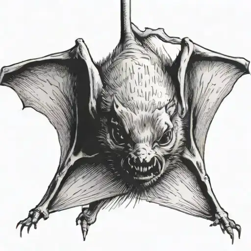 A Bat Hanging Upside Down With Line Shading Its Face