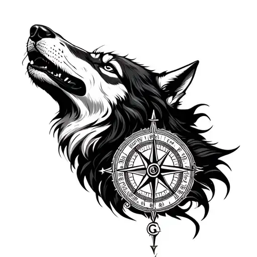 Realistic Howling Wolf With Detailed Compass Surrounded