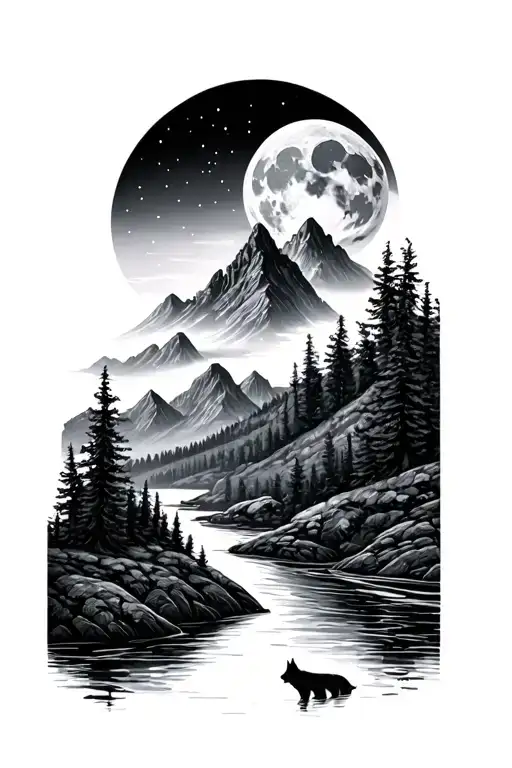 River Going Through Mountains With Wolf And Moon