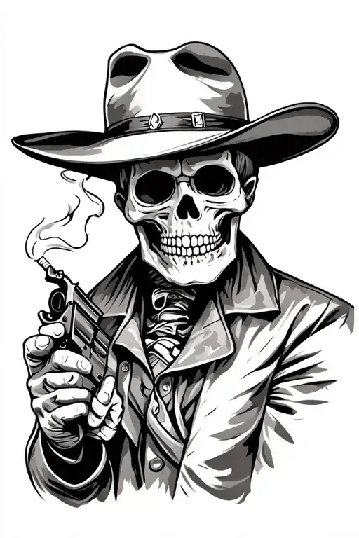 Skeleton Cowboy With Revolver And Smoking Cigarette