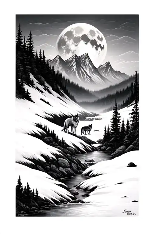 River Going Through Mountains With Wolf Look At The Moon In The Background