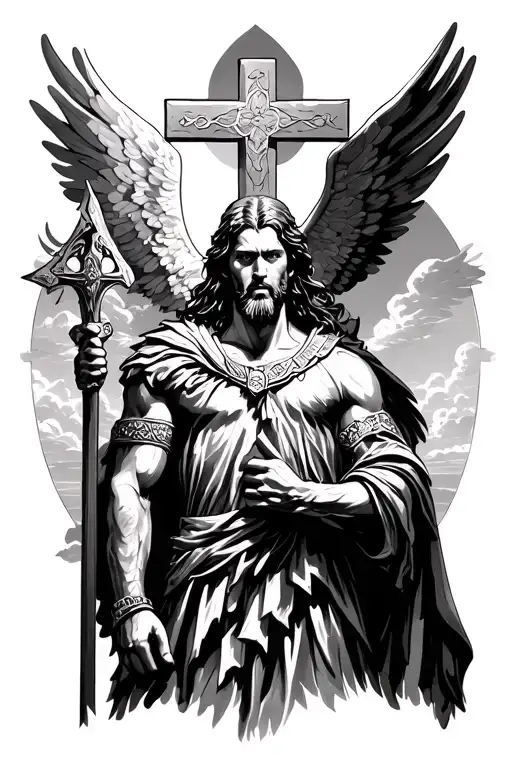 Warrior In Heaven Standing In Front Of A Cross With Godly Background