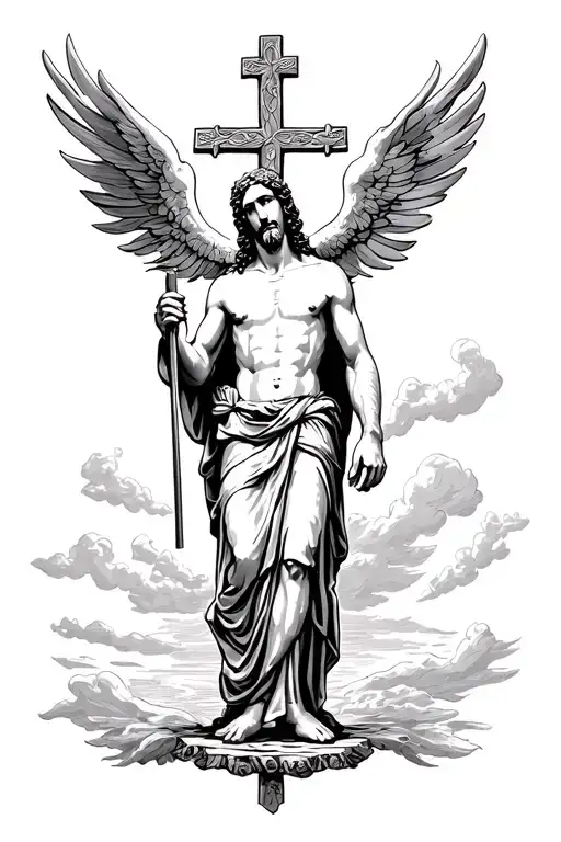 Greek Night In Heaven Standing In Front Of A Cross With Godly Background