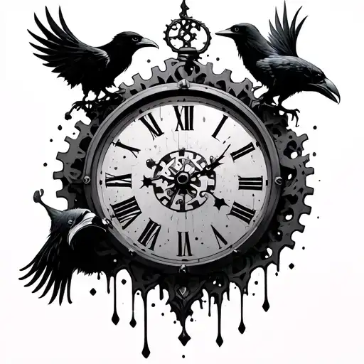 Melting Clock With Gears And Ravens