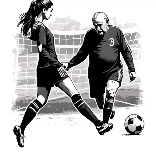 Tattoo Of A Girl Dressed As A Soccer Player Playing Soccer With Her Grandfather