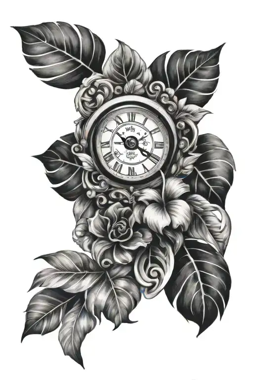 Time Piece Featuring With Scroll Around The Top And Bottom With A Background Being Tropical Leaves