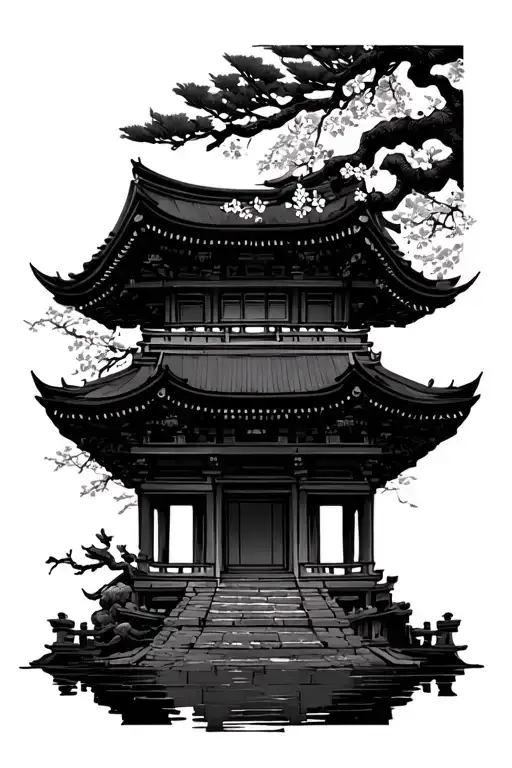 Asian Temple With Automnal Tree Branches And Cherry Flowers