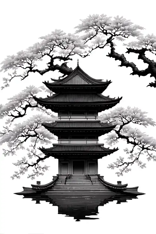 Asian Temple With Automnal Tree Branches And Cherry Flowers