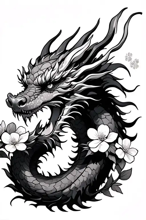 Japanese Dragon That Is Bruised Up And Beaten With Cherry Blossom Flowers Around 4X4