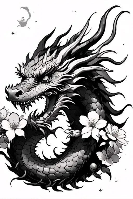 Japanese Dragon That Is Bruised Up And Beaten With Cherry Blossom Flowers Around 4X4