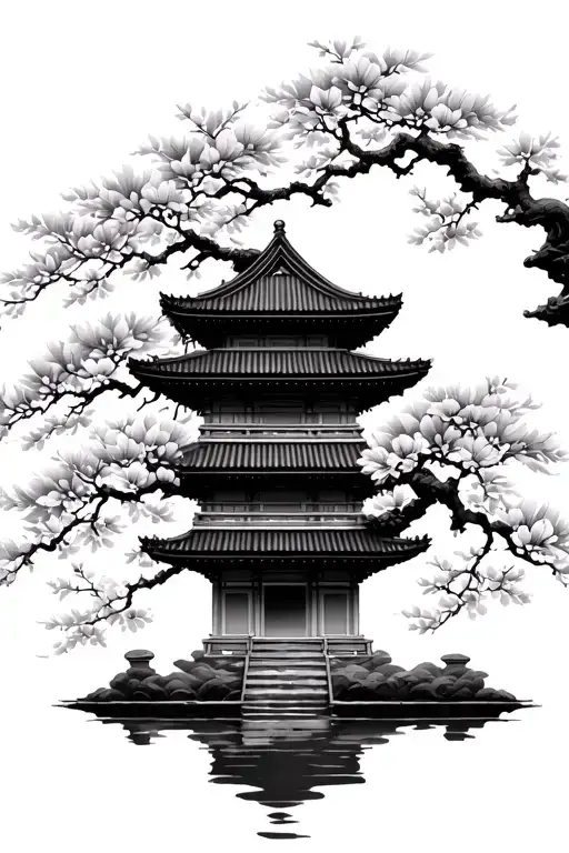 Asian Temple With Automnal Tree Branches And Cherry Flowers