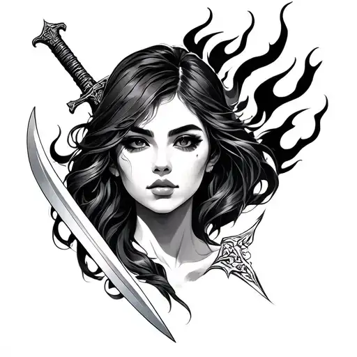 Girlfriend's Face With Knife Katan Sword And Flame
