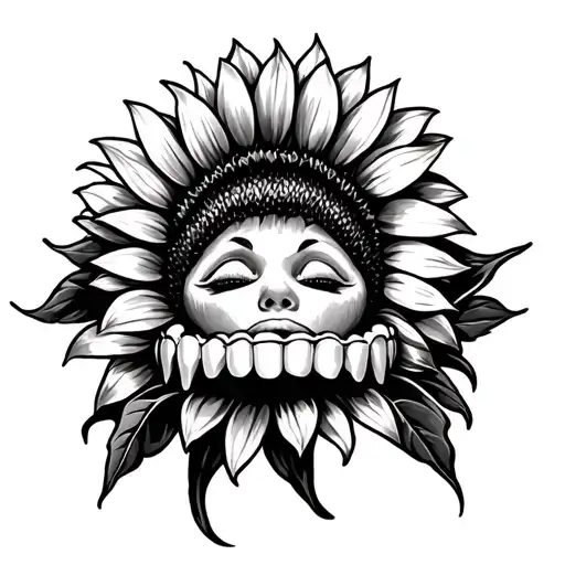 Sunflower With A Molar Tooth With Face Laying On It Bathing In The Sun
