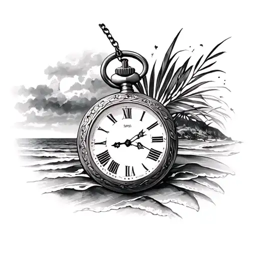 Pocket Watch Scroll And Beach Silhoutte