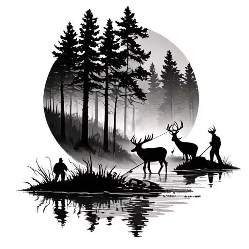Forest With Deer And Man Fishing