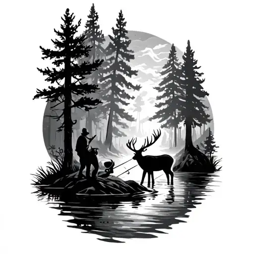 Forest Wrap With Deer And Man Fishing