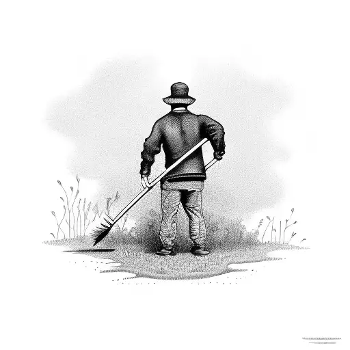 A Man Removing Weeds With A Rake Showing His Back In All Black