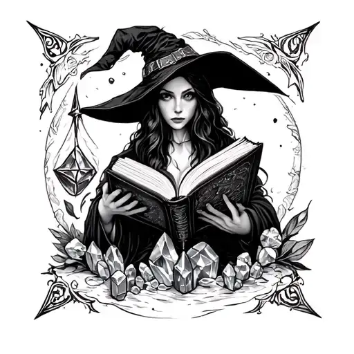 Witch Holding Crystals And A Spell Book