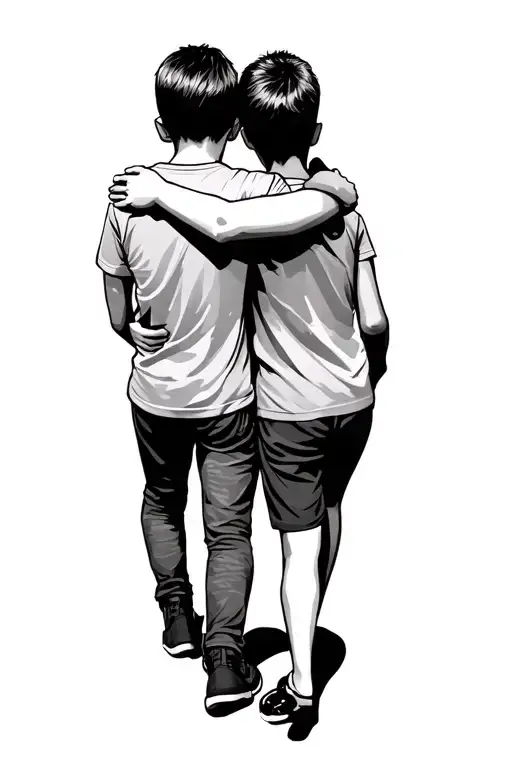 Two Brothers Hugging While Walking One Is Younger Than The Other