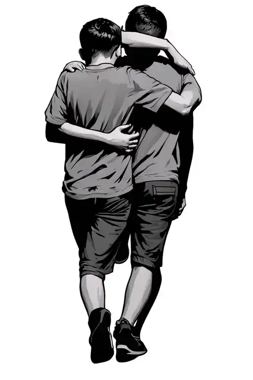 Two Brothers Hugging While Walking One Is Younger And Shorter Than The Other