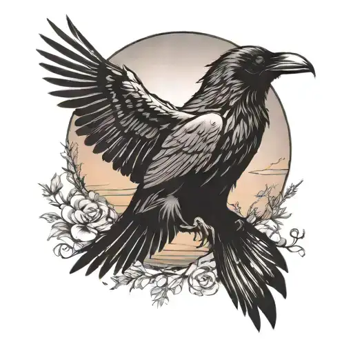 Raven Silhouette Of Man With Arms Out In Sunset