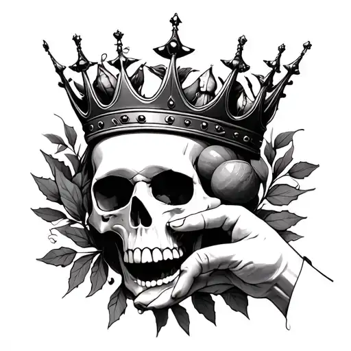 Make Me A Skull With A Crown Of People Holding Hands And A Nutmeg In Its Mouth With Leaves Around It