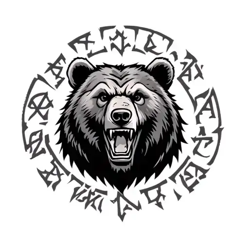 A Menacing Growling Bear With A Grin Around Which Are Located Slavic Runes