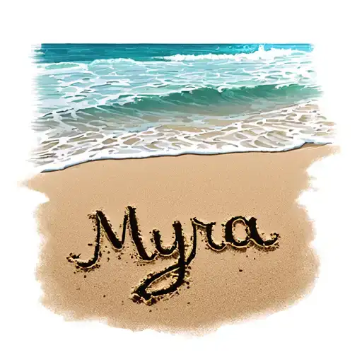 Beach Scene With The Name Myra Written In The Sand And Water Washing Up Over The Name