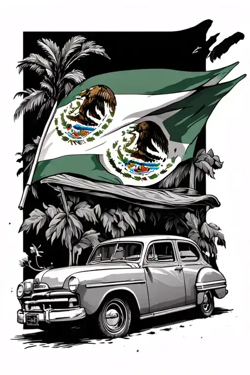 Old School Car And Mexican Flag
