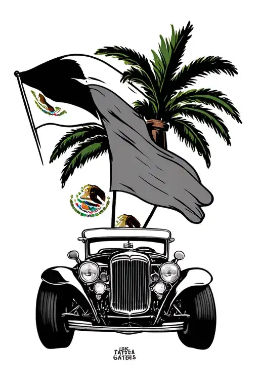 Old School Lowrider Car And Mexican Flag