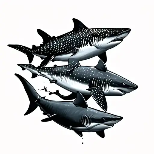 Fine Line Of 3 Sharks Swimming And One Being A Whale Shark With Dots And One Semi Colon