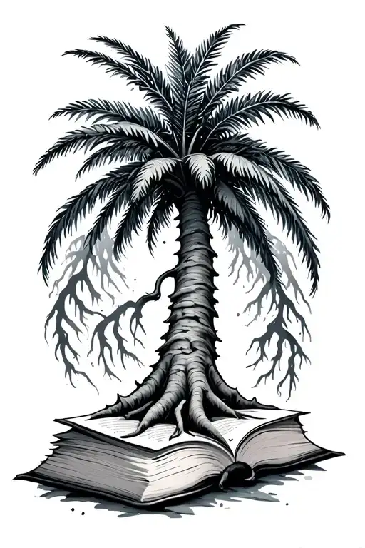 Palm Tree And A Lebanon Tree Roots Connected To Book