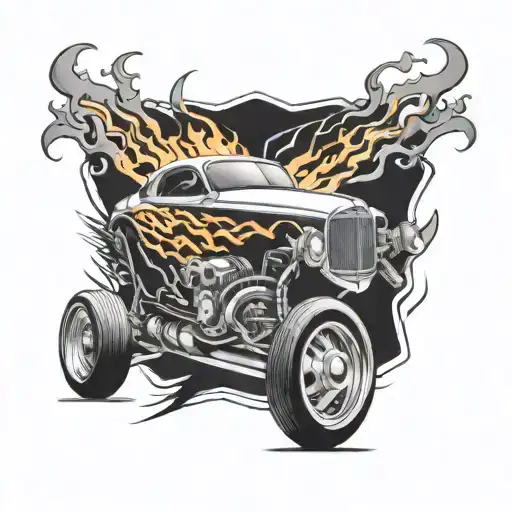 Create A Tattoo Featuring A Drag Racing Car Speeding Down A Track With Flames Trailing Behind