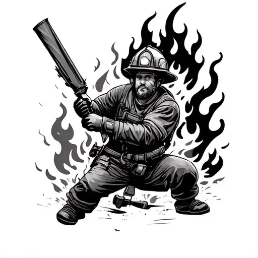 Fire And Firefighter Battling Flames