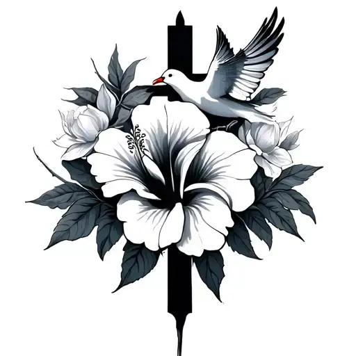 Fine Cross With Hibiscus And Dove