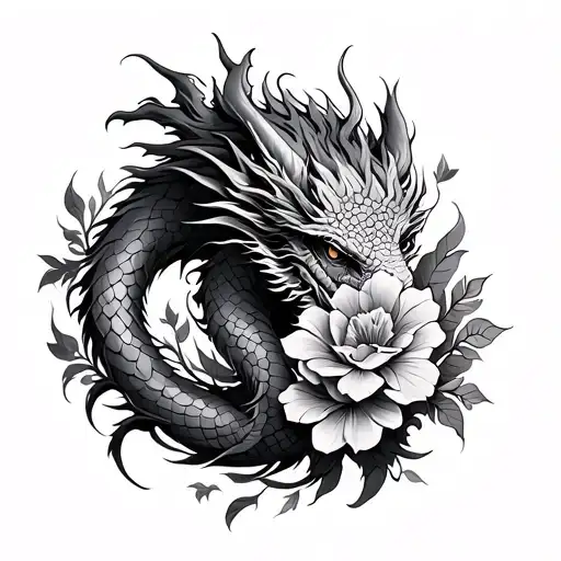 Dragon And Flowers Intertwined