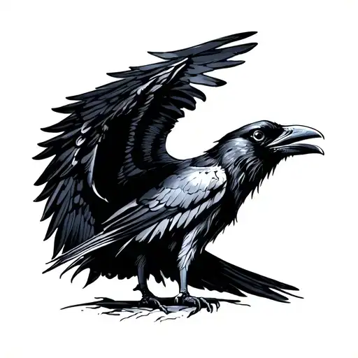 Raven With Opened Wings Looking Up
