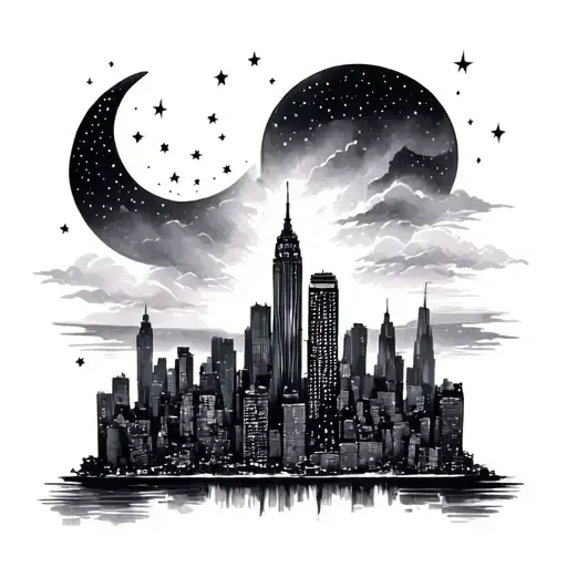 Stars And Moon New York Skyline In The Background