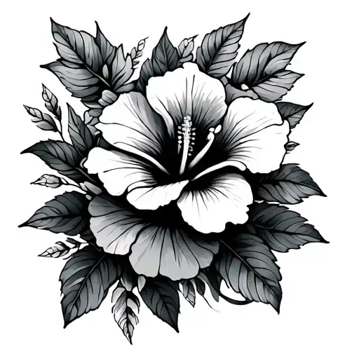 A Black Line Thigh Tattoo Made Up Of Hibiscus Flowers And Leaves