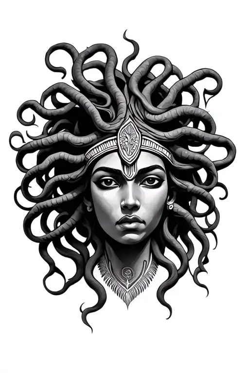 Medusa Head African Inspired Tattoo Featuring Indian Facial Features
