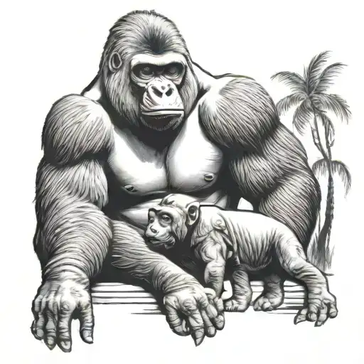 Gorilla Guarding A Baby Elephant