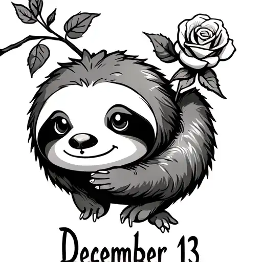 Cute Sloth Holding A Rose With December 13 Written Below