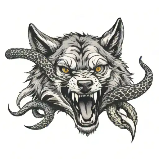 Wolf Biting A Snake Wrapped