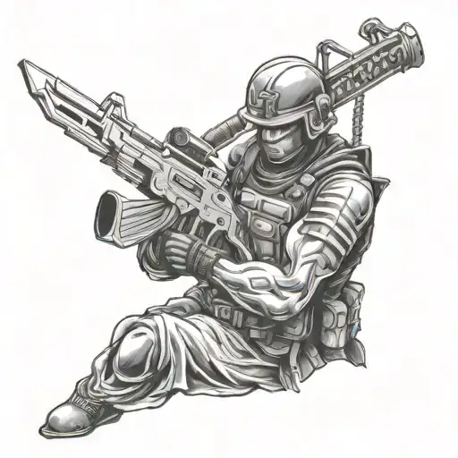 A Soldier And Katana Blade Wrapped And Ak 47