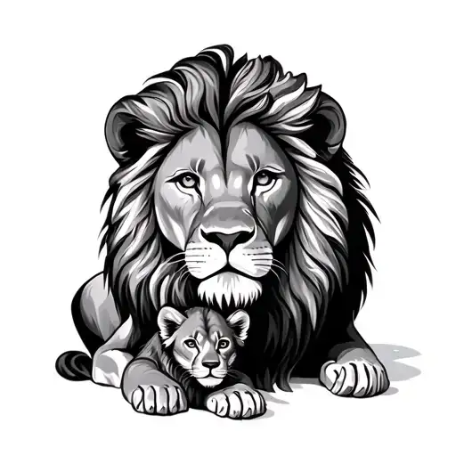 Lion Protecting Cub