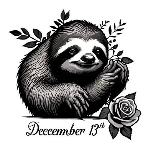 Sloth With December 13Th Written Below And Holding A Rose