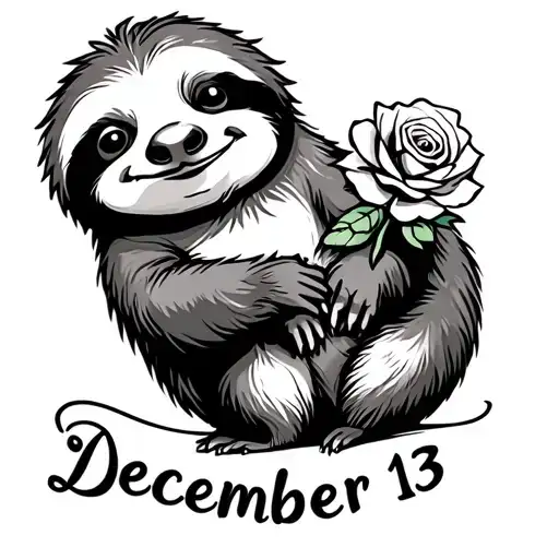 Cute Sloth Holding A Rose With December 13 Written Below