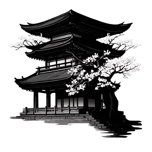 Cherry Blossom Tree And Japanese Temple