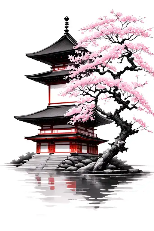 Cherry Blossom Tree And Japanese Temple