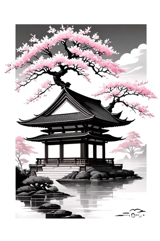 Cherry Blossom Tree And Japanese Temple